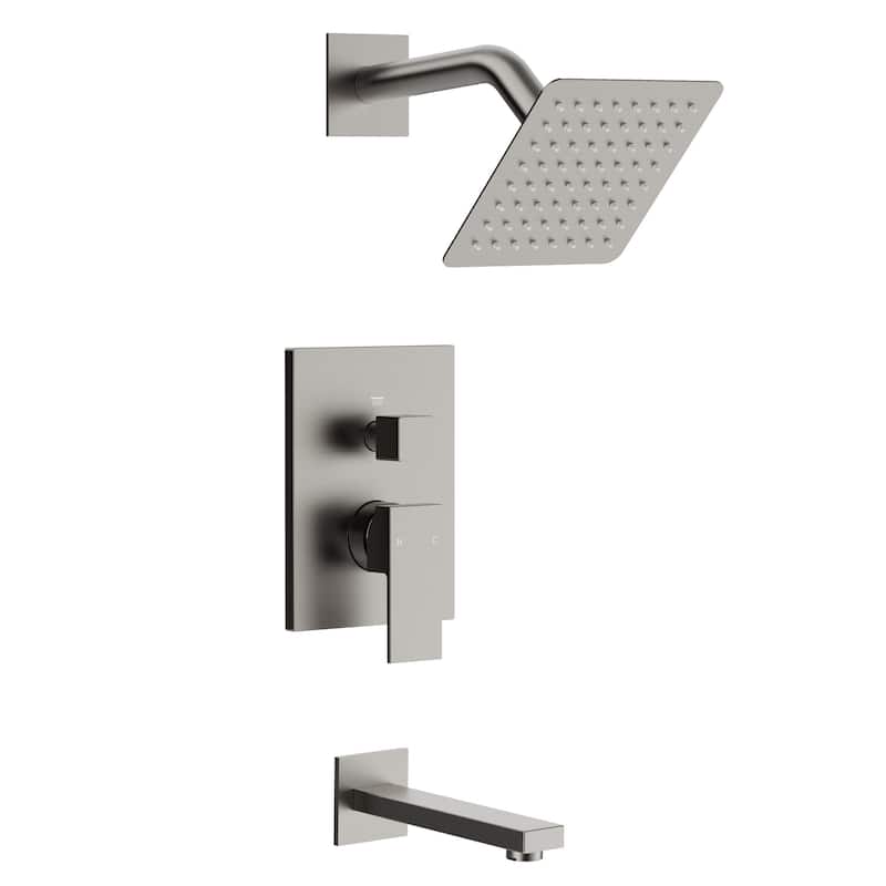 GRANDJOY 2-Function Tub and Shower Faucet Set with Single Handle Valve, Wall-Mount Design - Brushed Nickel