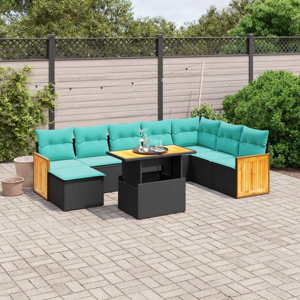 vidaXL 9 Piece Patio Sofa Set with Cushions Black Poly Rattan - 21.7 x 24.4 x 27.2