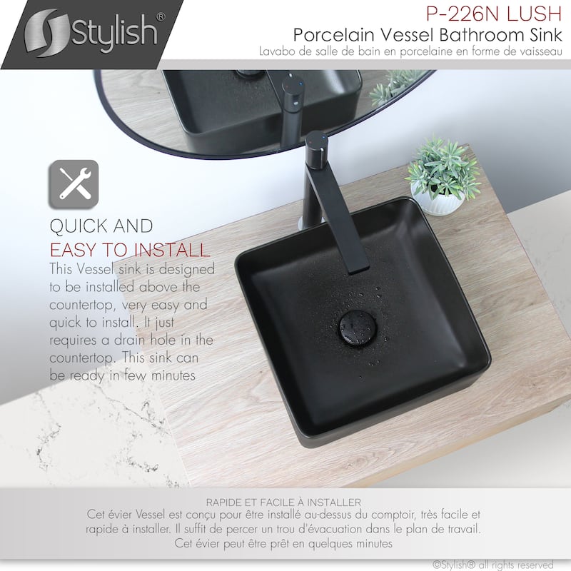 STYLISH 14 1/2 inch Square Porcelain Bathroom Sink - 14 1/2" x 14 1/2" x 5"
