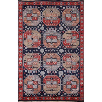 Geometric Navy Blue Khotan Indian Rug Hand-Knotted Wool Carpet - 4'0"x 6'1"