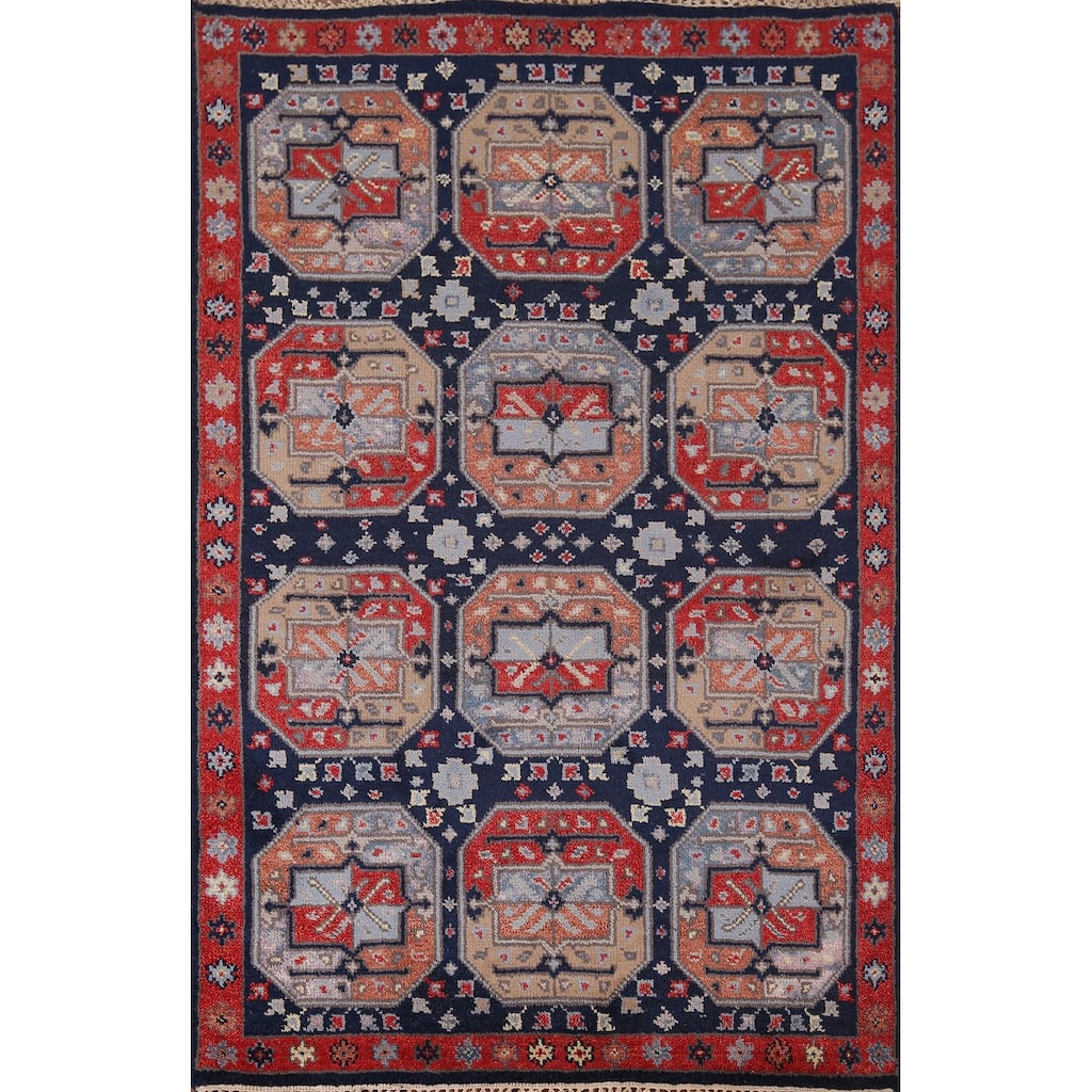 Geometric Navy Blue Khotan Indian Rug Hand-Knotted Wool Carpet - 4'0"x 6'1"