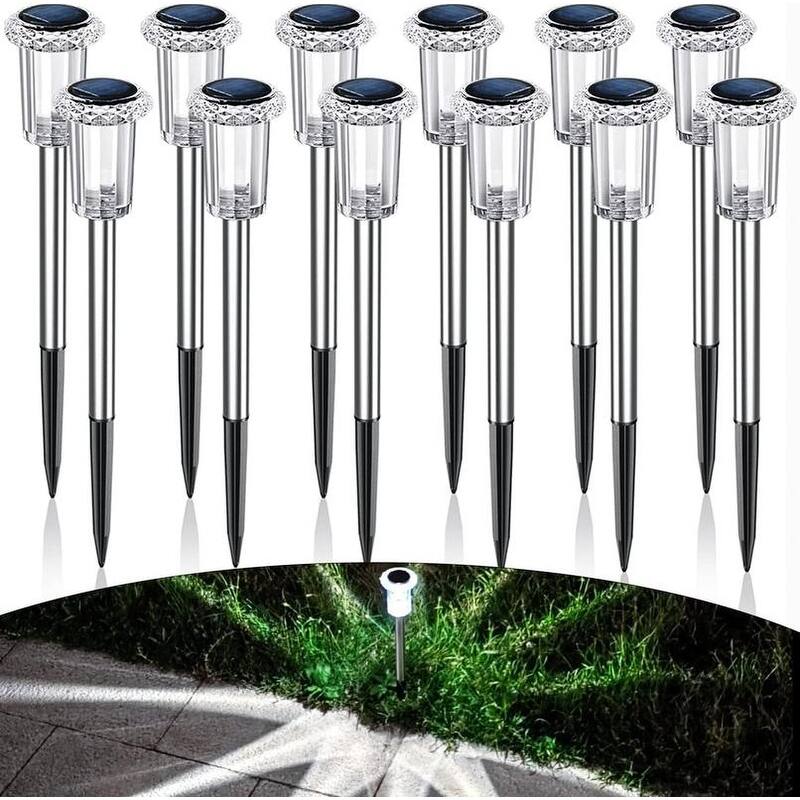 12 Pack Solar Pathway Lights Outdoor Waterproof LED for Yard, Garden, Driveway, Walkway, Patio, Lawn, Path - White - White
