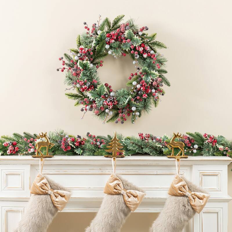 Glitzhome Christmas Red Pomegranate Berry & Holy Leaf Wreath or Teardrop