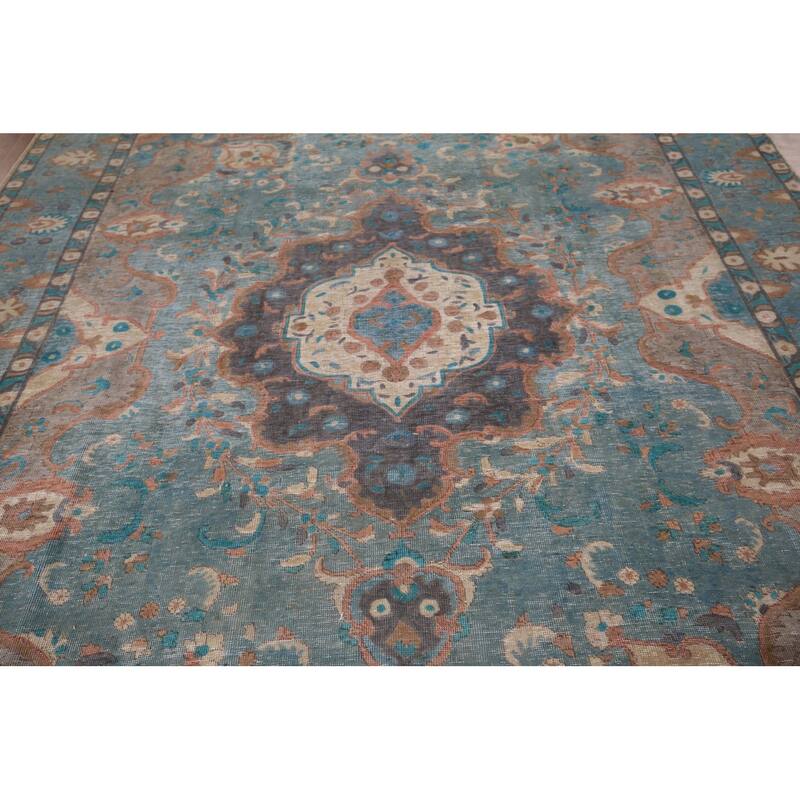 Distressed Blue Tabriz Persian Rug Handmade Wool Carpet - 8'1" x 10'11"