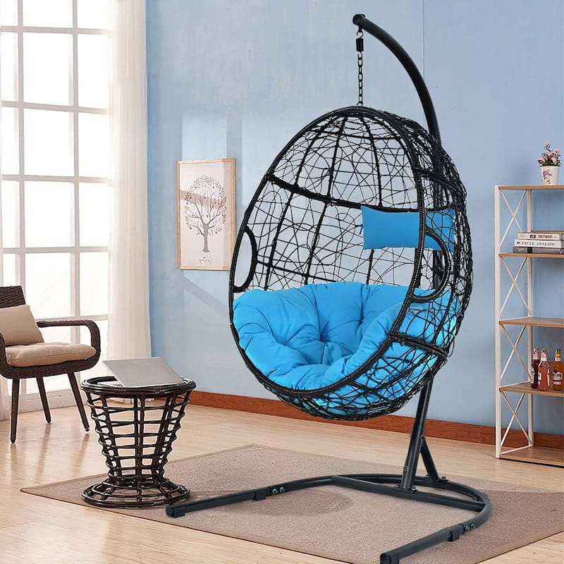 Gymax Hanging Hammock Chair Egg Swing Chair w/ Blue Cushion Pillow - 40.5'' x 42'' x 81'' (L x W x H)
