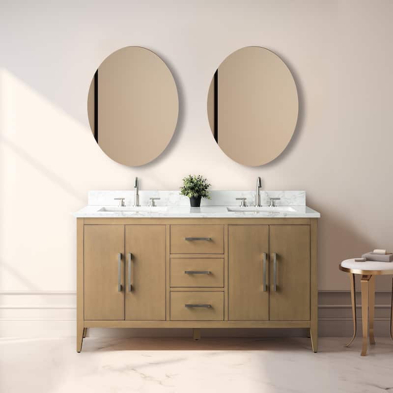 Vanity Art 60" Double Sink Bathroom Vanity Cabinet with Engineered Marble Top - 60"/Brushed Nickel Handle - Natural Oak