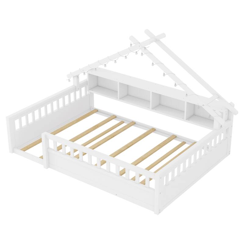 Floor Bed House Bed Frame with Storage Shelf Safety Guardrails