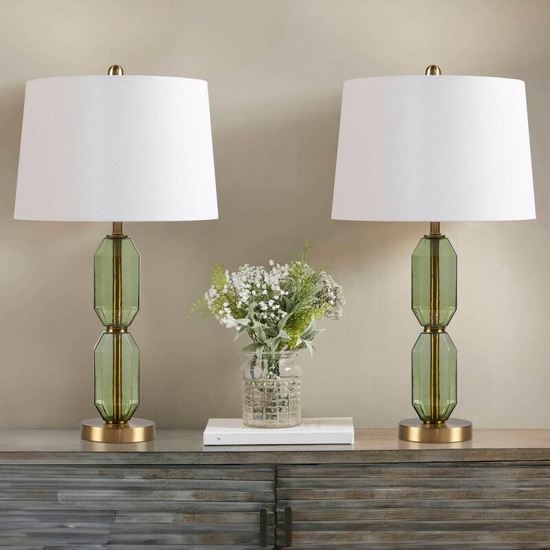 Faceted Glass Table Lamp with White Fabric Shade and Gold Base