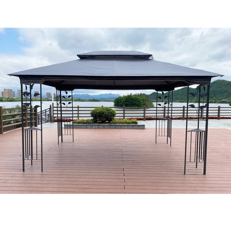 13x10 FT Patio Steel Gazebo, Canopy Tent with Ventilated Double Roof, Mosquito Netting & Privacy Screens for Garden, Backyard