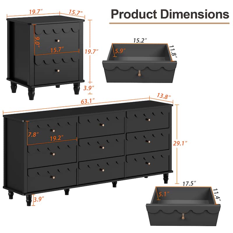 Princess Storage Set 9-Drawer Lace Dresser with Nightstand