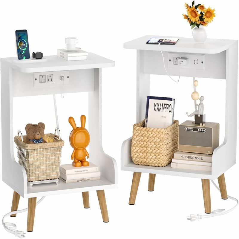 NightStands Set of 2 with Charging Station - White