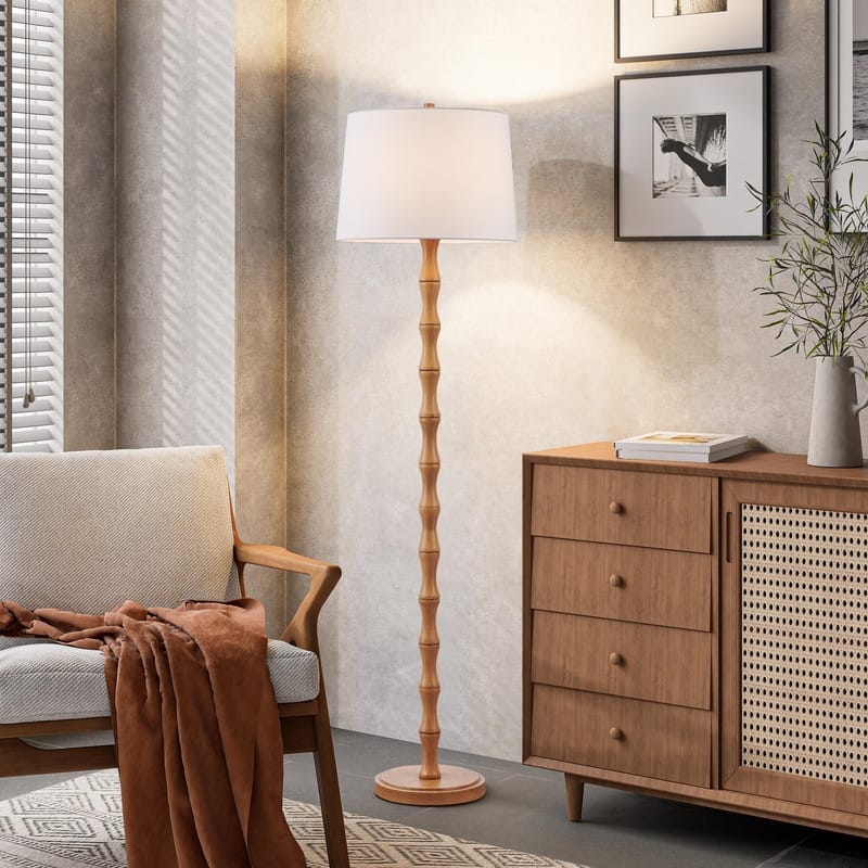 KAWOTI 61'' Floor Lamp with Fabric Drum Shade - Painted Faux Wood