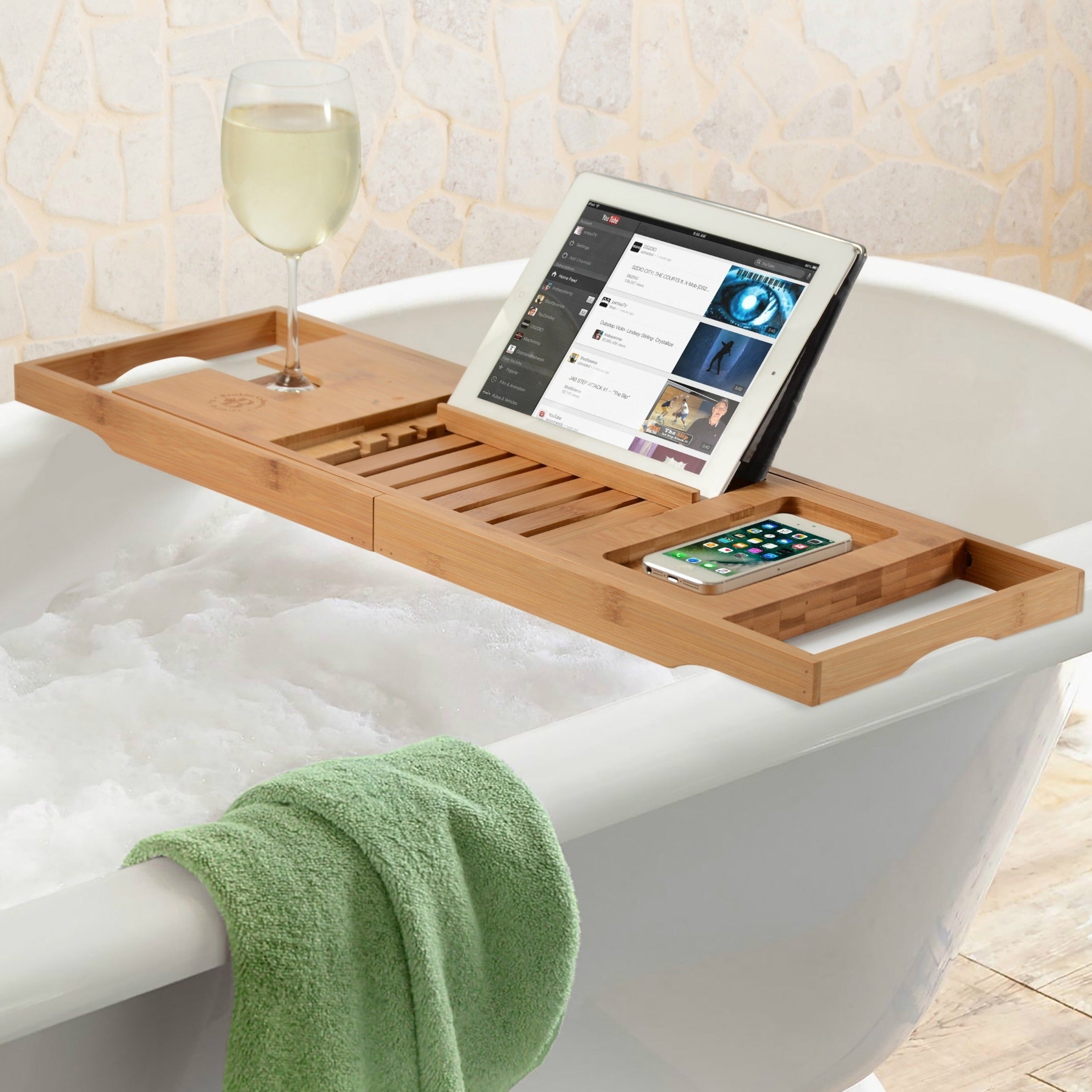 Bambüsi 100% Bamboo Bathtub Caddy with Extending Sides, Reading Rack, Cellphone Tray & Integrated Wine Glass Holder