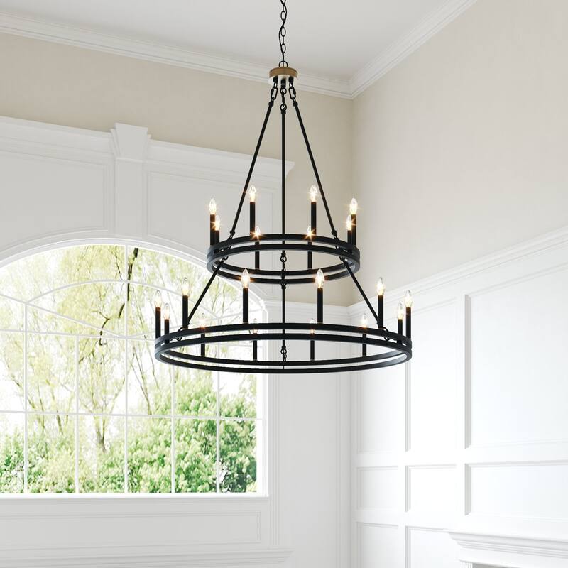 Acroma 20 - Light Living Room Steel Candle Style Wagon Wheel Chandelier - 39.5'' W x 39.5'' D x 47.5'' H