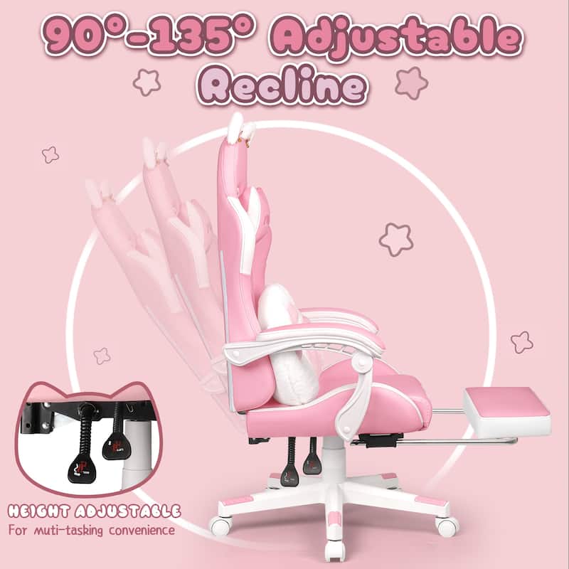 BOSSIN Gaming Chair with Cat Ears and Cat Paw Cushion Pillow,Cute Kawaii Reclining Computer Chair for Girl with Footrest