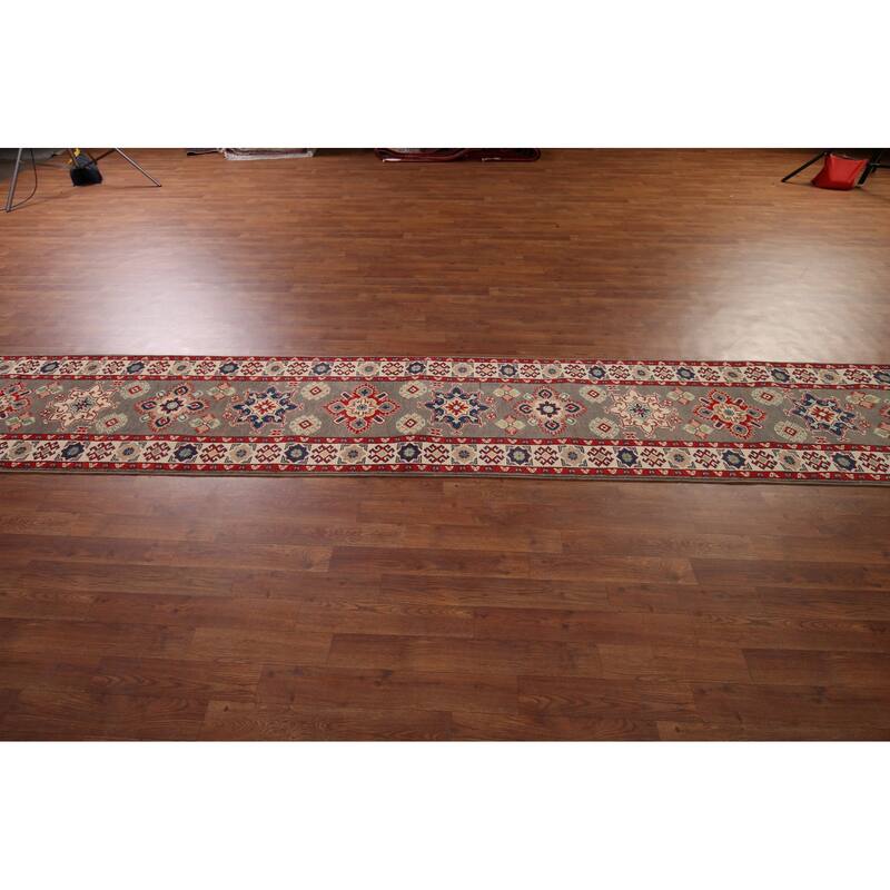 Geometric Kazak Oriental Runner Rug Handmade Wool Carpet - 2'1" x 19'2"