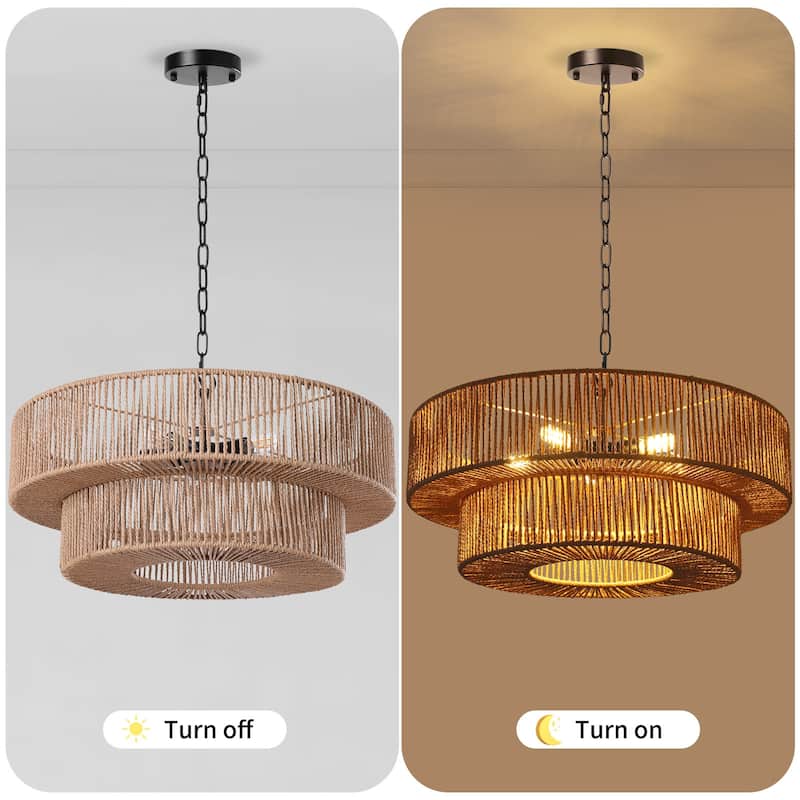 5-Light 21.6in. Rattan Boho Tiered Drum Hand Woven Chandelier