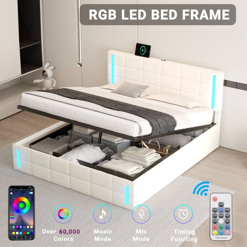Queen Size Upholstered Bed with LED Lights,Hydraulic Storage System and USB Charging Station