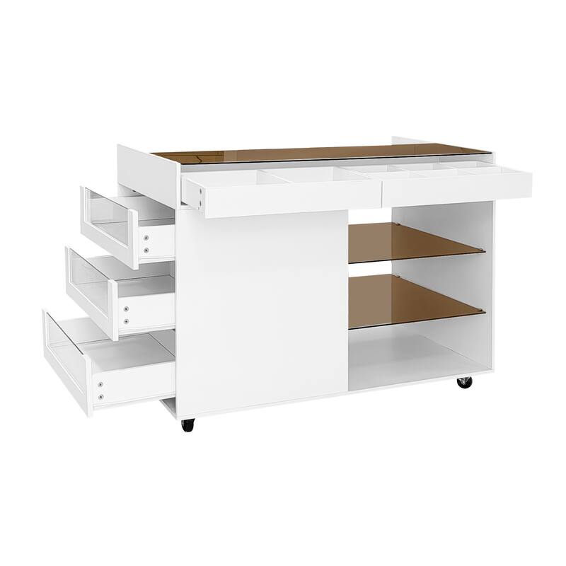 Roomfitters Multi-Functional Storage Island Vanity Console with Glass Display Shelves and Reversible Top, White
