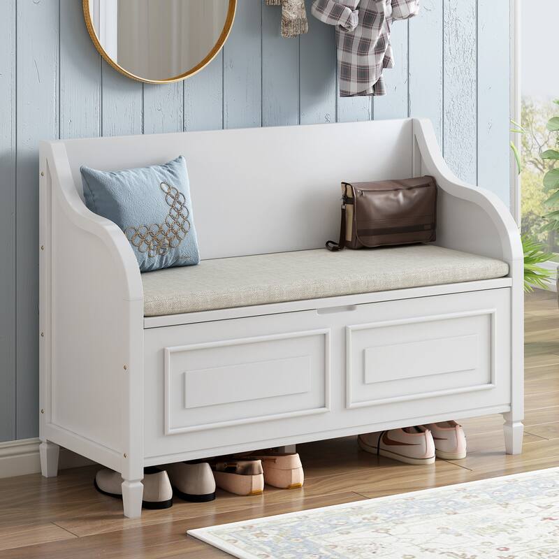 Rustic Style Solid wood Entryway Multifunctional Storage Bench with Safety Hinge - White