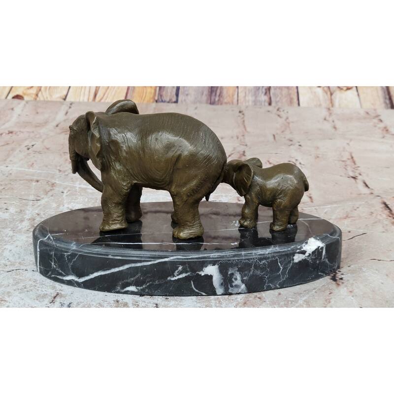 Mother And Child Imitative Elephant Calf Barye Bronze Sculpture On Marble Base