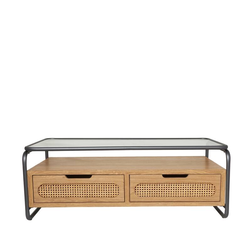 Brown Wooden Living Room Coffee Table with Cane Front Drawers and Gray Metal Frame