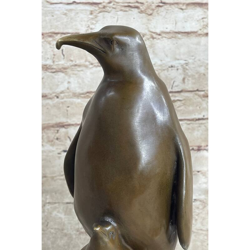 Large Mother Penguin With Her Baby Bronze Sculpture Statue Figure Figurine Art