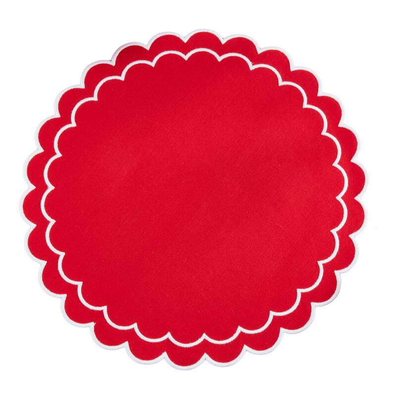 Scalloped Cotton Placemats (Set of 4) - Layered Wavy Edge Round Table Placemats for Dining, Entertaining & Everyday Table, 15" - Set of 4 - 15"x15" - Red