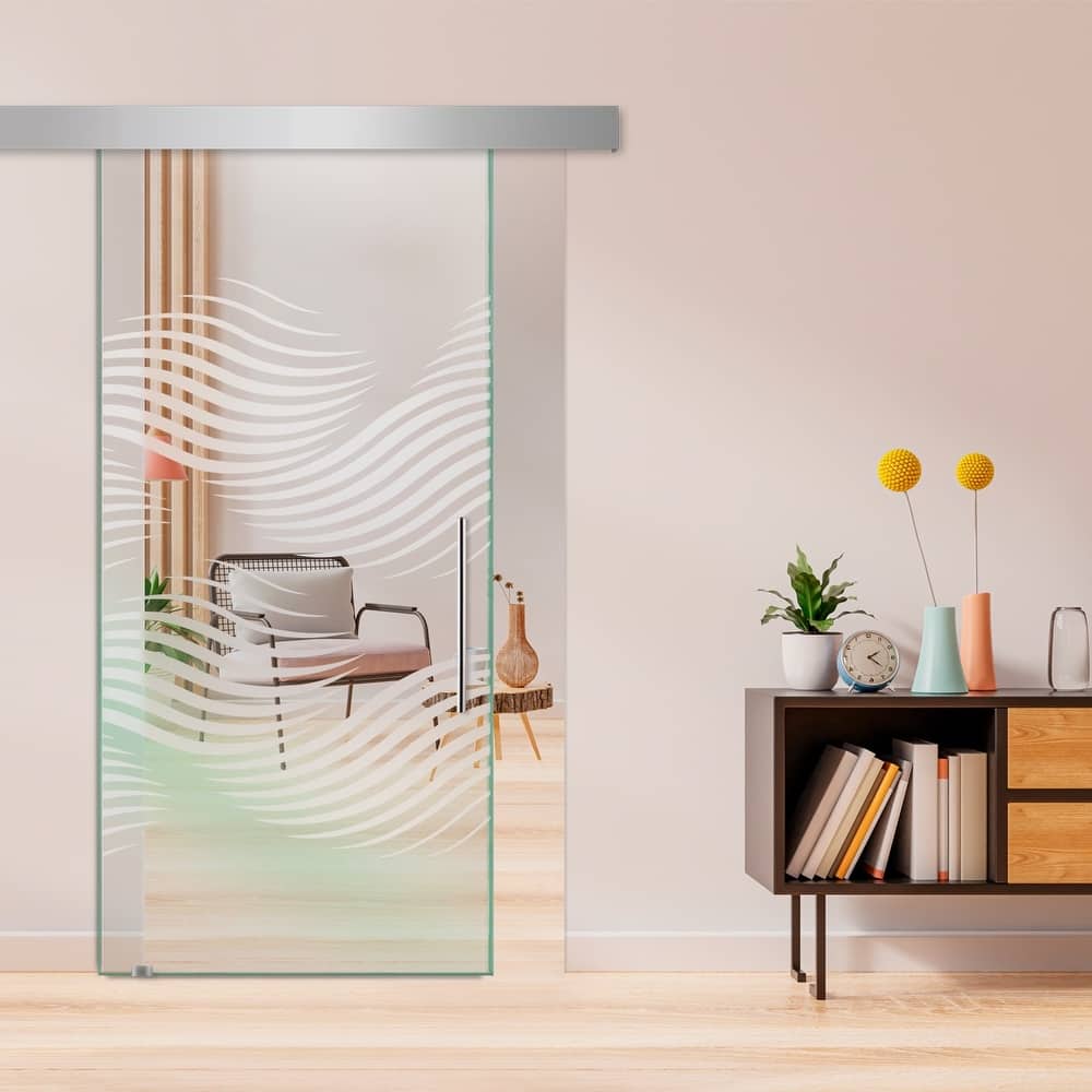 Glass Sliding Barn Door with Modern Frosted Design Hardware