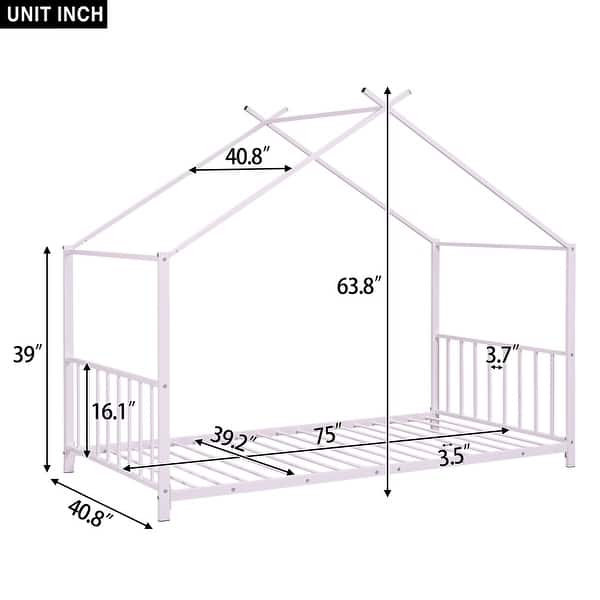dimension image slide 2 of 3, Twin Size Metal House-shaped with Support Slat, Platform Bed with Shelf for Bedroom, Safe for Kids, Easy to Assemble, White