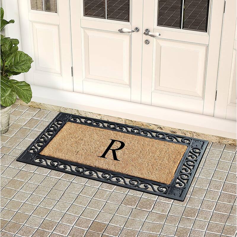 A1HC Rubber and Coir Maple Leaf, Heavy Weight Durable Monogrammed Doormat, 23"X38" Black
