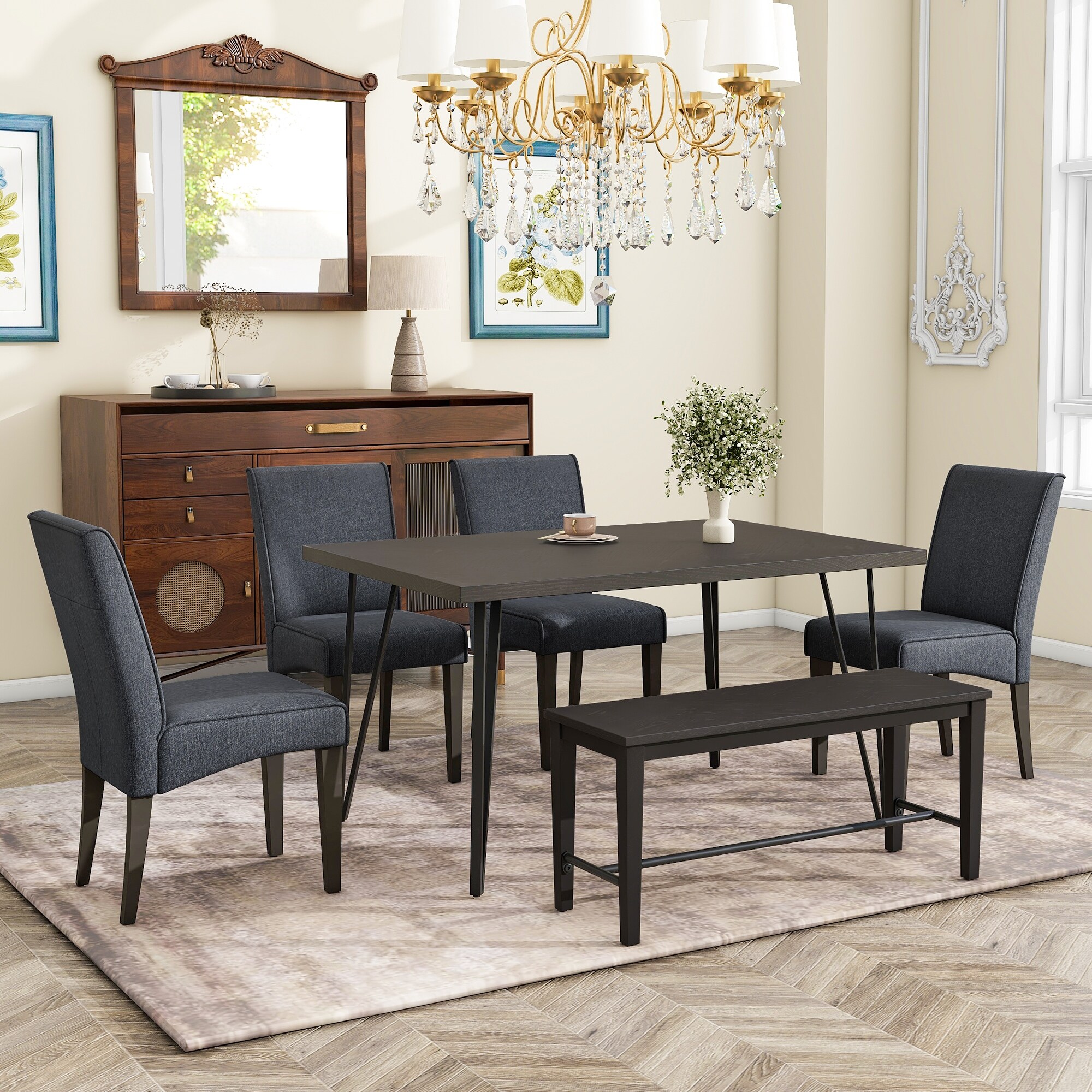 Espresso dining table set with bench deals