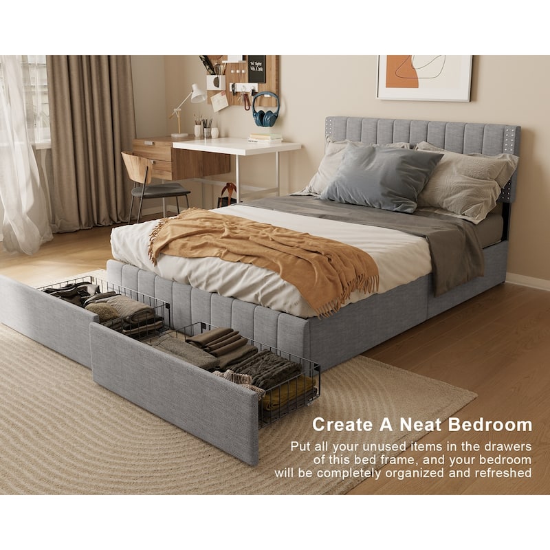 Full/ Queen Platform Bed Frame with 4 Storage Drawers Adjustable