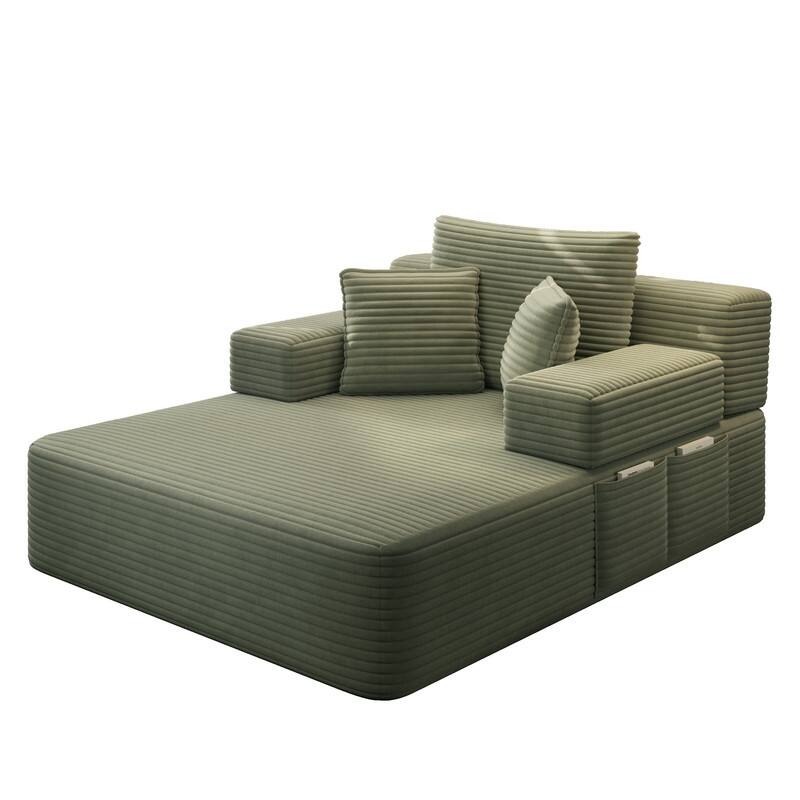 Luxurious Plush Corduroy Chaise Lounge Convertible Sofa Bed with Storage Pocket and Wide Armrests