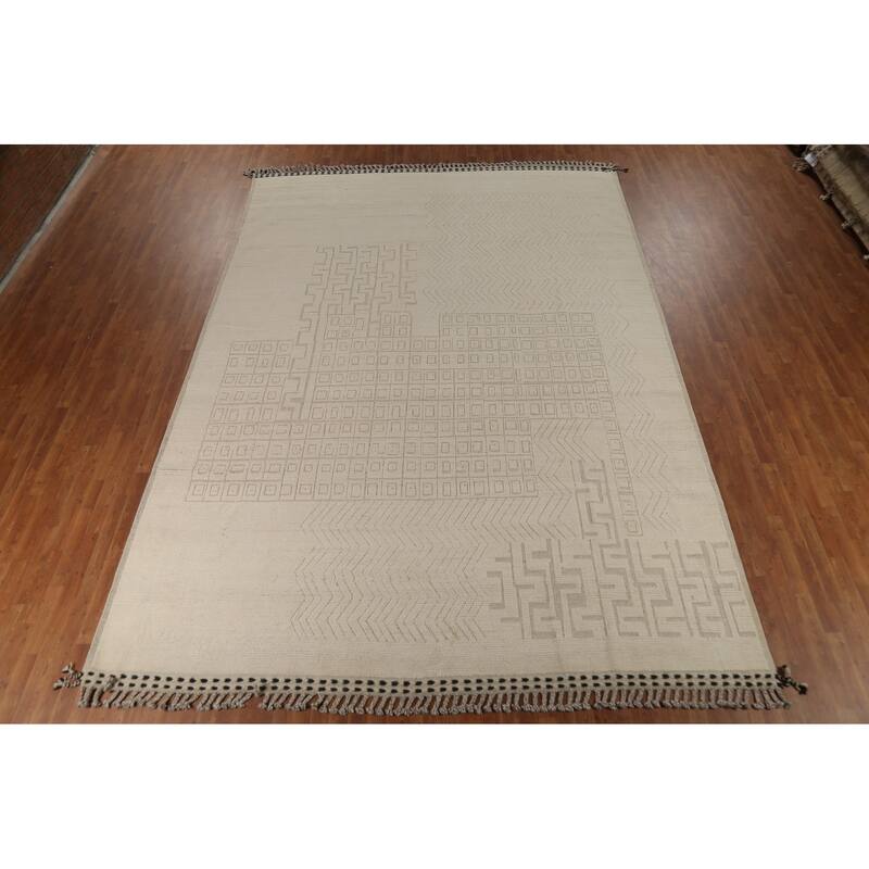 All-Over Ivory Moroccan Oriental Large Rug Hand-Knotted Wool Carpet - 10'5"x 14'9"