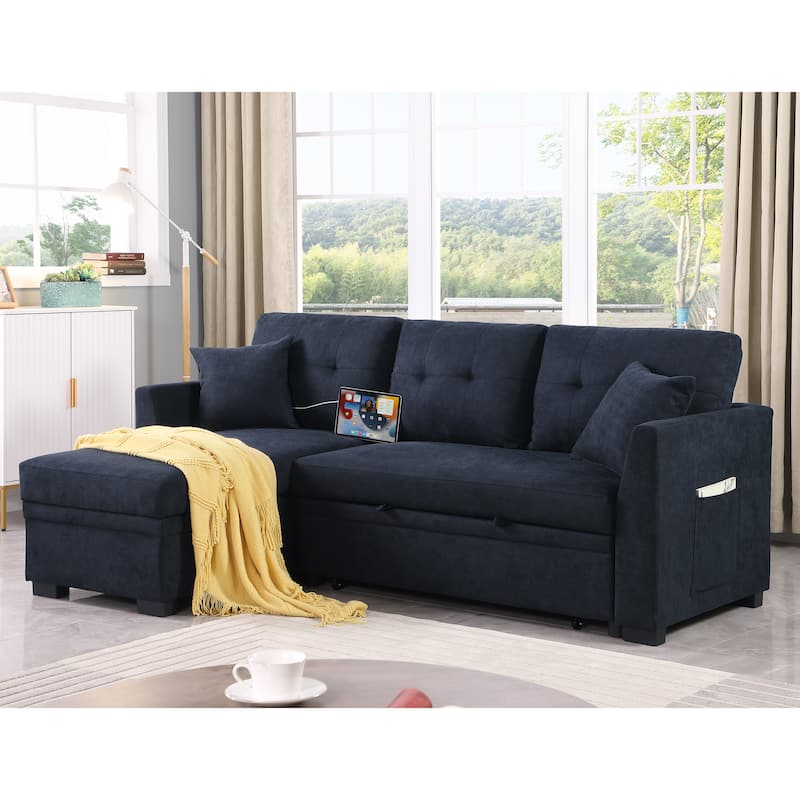 Tanse 81'5" Convertible Sleeper Sectional with Riversible Chaise with USB and Side Pockets