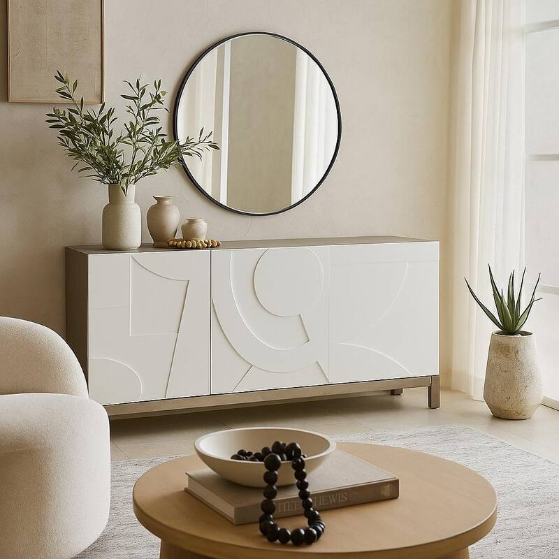 Wooden Geometric 3 Door and 1 Interior Drawer Sideboard - White - Roche River Decor - 19"W x 68"L x 32"H