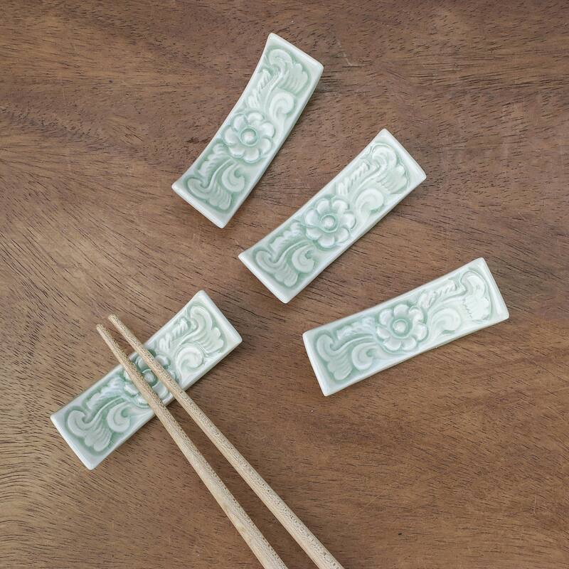 Novica Handmade Flower Cuisine Celadon Ceramic Chopstick Rests (Set Of 4)