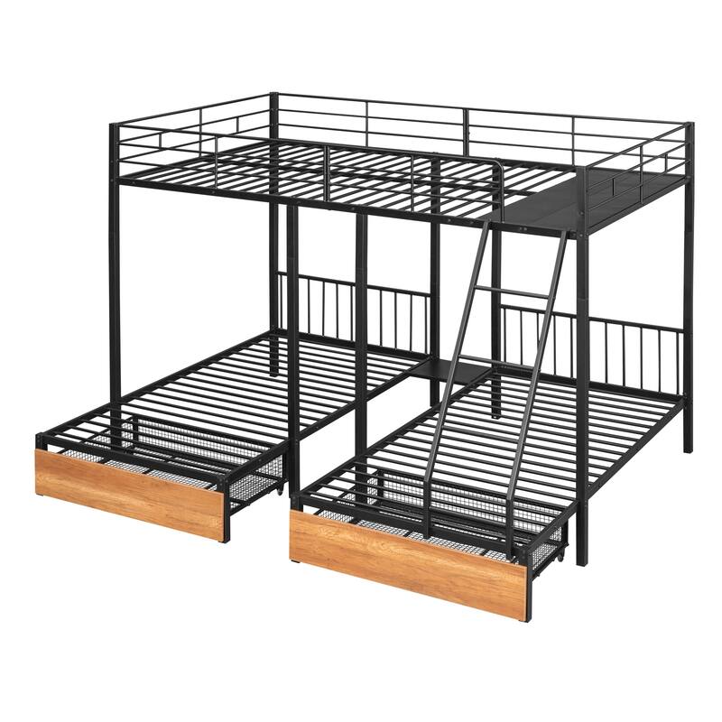 Full Over Twin & Twin Triple Bunk Bed with Drawers and Middle Table, Convertible Metal Bunk Bed Frame with Ladder and Guardrails