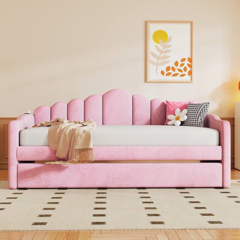 Twin size Velvet Daybed Wingback Daybed for Apartment with Retractable Trundle & USB Charging Ports, Wood Slat Support, Pink