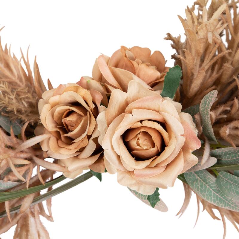 Fall Harvest Pale Rose Thistle Foliage Artificial Wreath 24-Inch Unlit