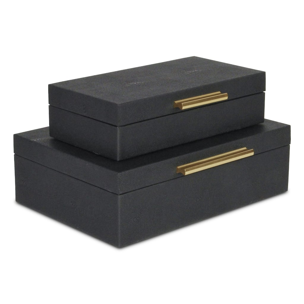 Set of 2 Black Rectangular Faux Shagreen Decorative Box with Handles 11.75"