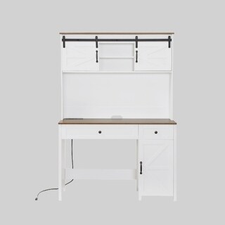 Wood Home Office Desk with File Drawer, Charging Station, and Hutch, 47" Farmhouse Executive Desk