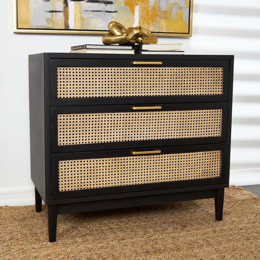 Black Wood 3 Drawer Cabinet with Cane Front Drawers and Gold Handles