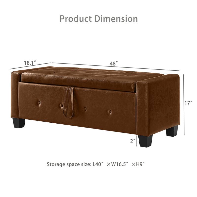 Tufted Faux Leather Storage Ottoman Bench for Bedroom, Living Room & Hallway, 48" Multifunctional Upholstered End of Bed Bench