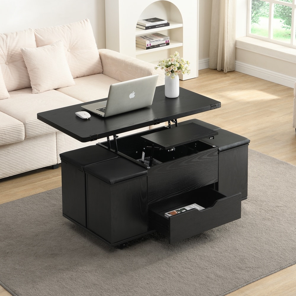 Multi-Functional Lift-Top Coffee Table with Hidden Storage and Stools,Table with 4 Stools and Casters