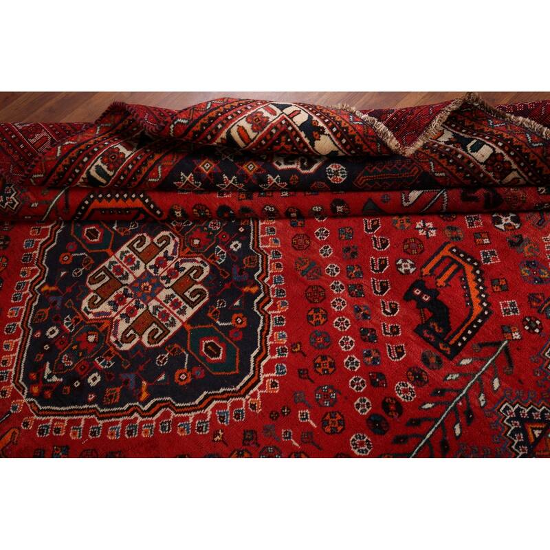 Hand Knotted Oriental 100% Wool Carpet Traditional Tribal Red Shiraz Area Rug - 9' 8'' X 6' 7''