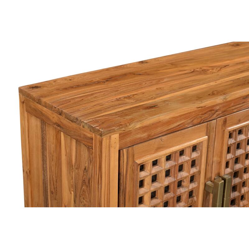 HomeRoots 71" Brown Solid Wood Carved Geometric Sideboard with Four Doors - 71.00 in. x 36.00 in. x 17.00 in.