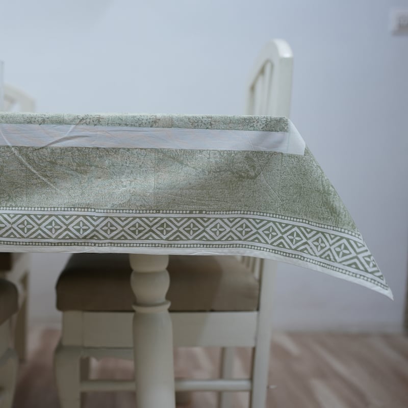 Fabdivine Handmade Block Print Cotton Brown Table Cover or Cloth Dining, Farmhouse & Kitchen Décor - 60"X90" - Patjhad- Sage Green