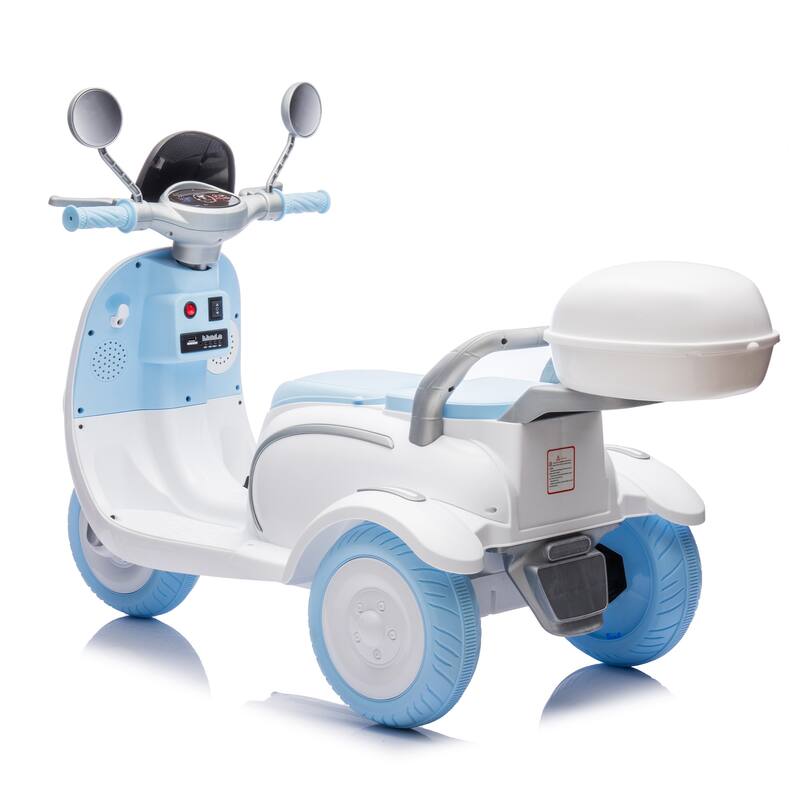12V Ride-On Two-Seater Motorcycle for Kids, Three-Wheel Design, USB, Bluetooth, Adult Seat Flip, and Storage for Ages 3-6.